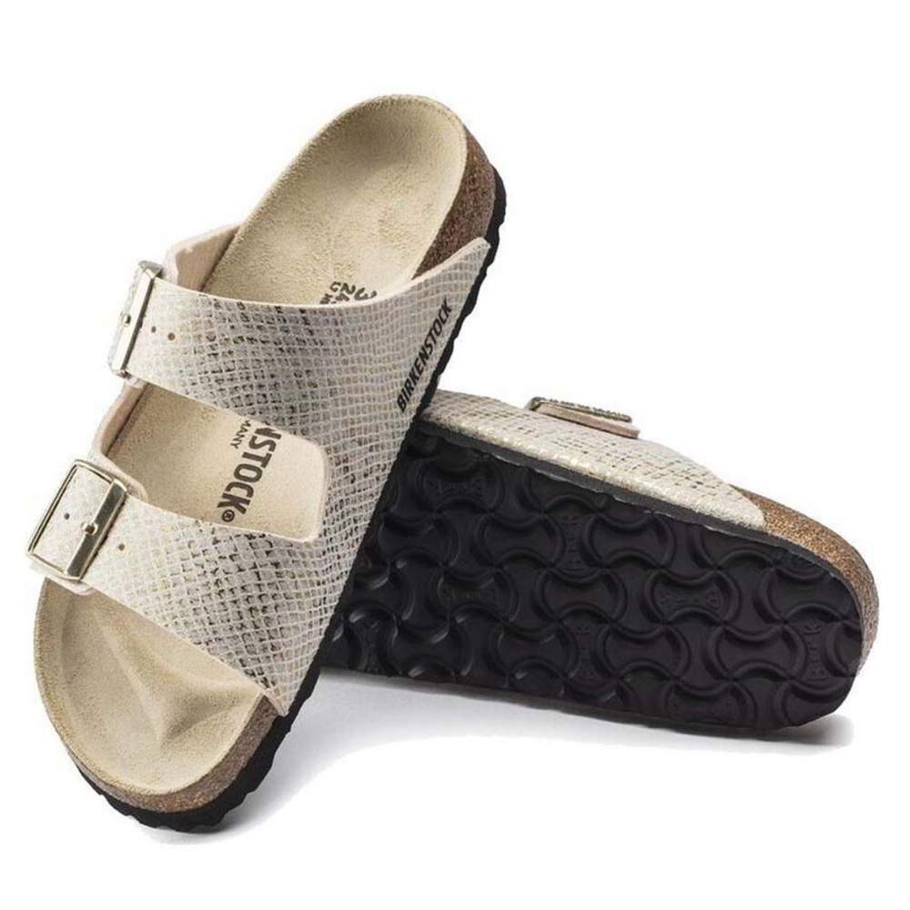 NWT - Birkenstock Womans 39 Eggshell Metallic Snake-Print Arizona Sandal